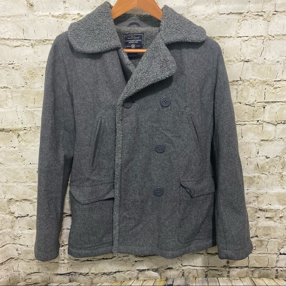 American Eagle Gray Wool Blend Sherpa Lined Pea Coat